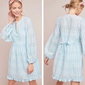 New Anthropologie Eyelet Babydoll Mini Dress Light Blue Ruffle Tie Long Sleeve